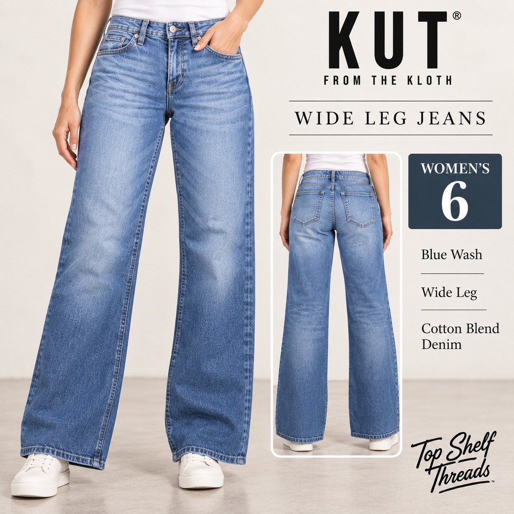 KUT From The Kloth Women 6 Medium Wash High Rise Wide Leg Stretch Jeans Zip Fly